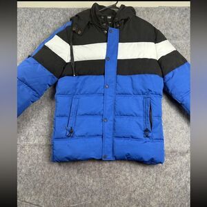 Vip Collection Puffer Jacket Men's Large Blue Black Polyester Drawstring Snap